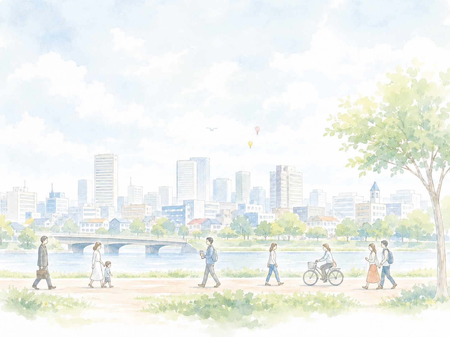 川沿いの道を家族や通勤の人が行き交う、やわらかな水彩のイメージイラスト